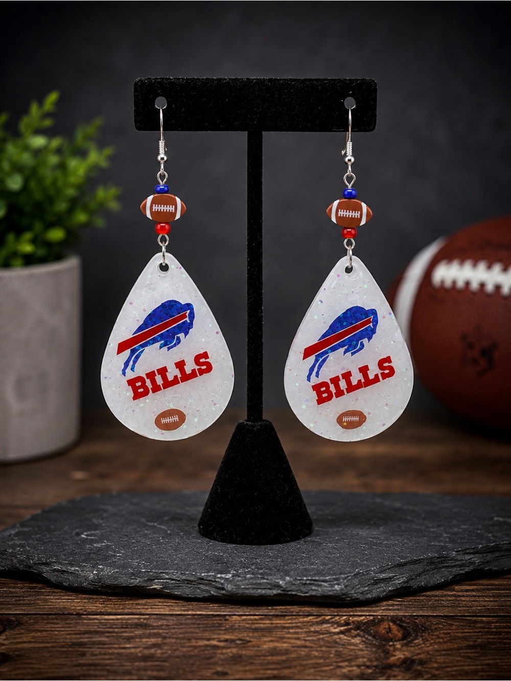 Buffalo Bills Teardrop Fan Earrings - White with Red & Blue